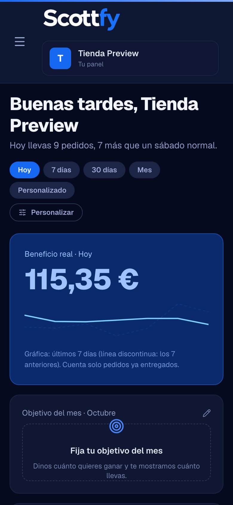 Dashboard de Scottfy en el móvil