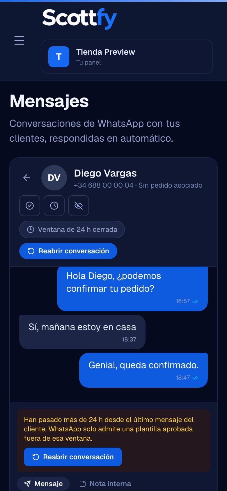 Bandeja de mensajes de WhatsApp en Scottfy